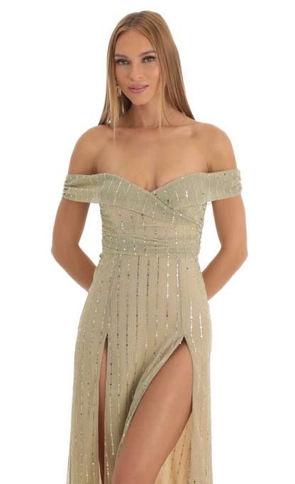 Lucy in the Sky Sequin Striped Off The Shoulder Maxi Dress in Gold