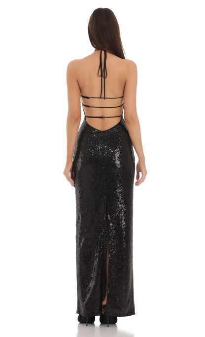 Lucy In The Sky Sequin Halter Maxi Dress in Black