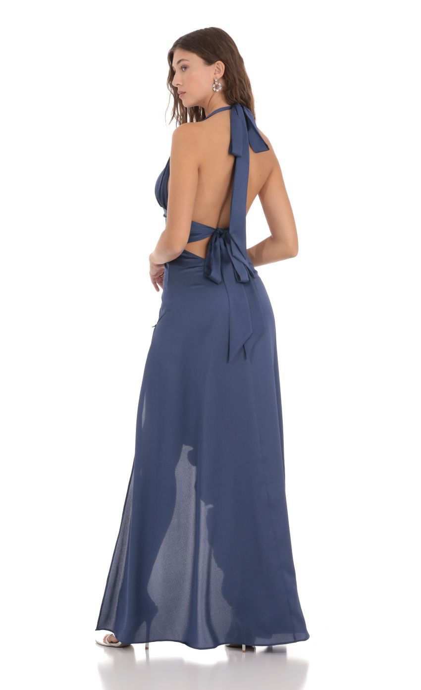Lucy in the Sky Satin Halter Ruffle Slit Dress in Blue