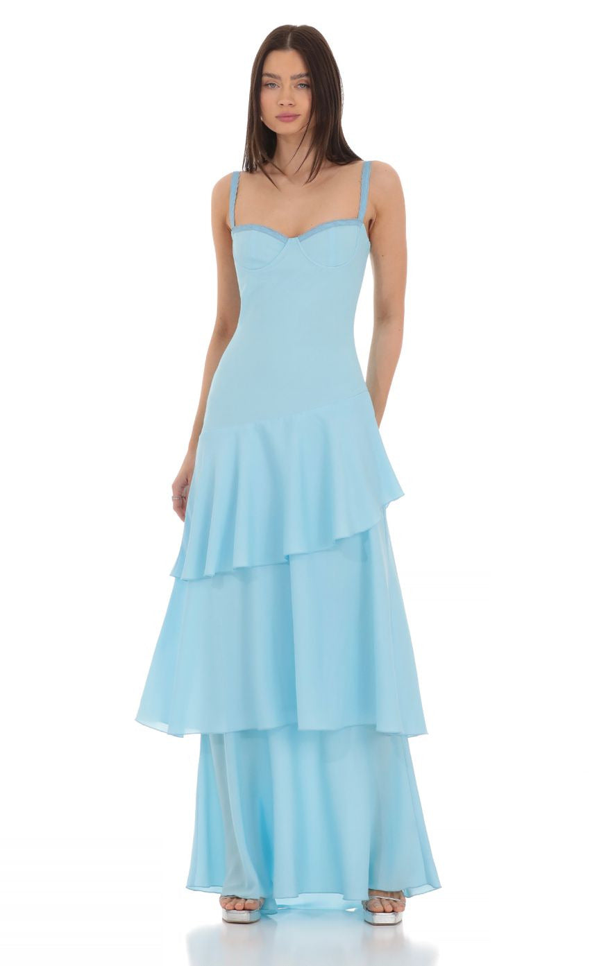 Lucy in the Sky Long Ruffle Maxi Dress in Light Blue
