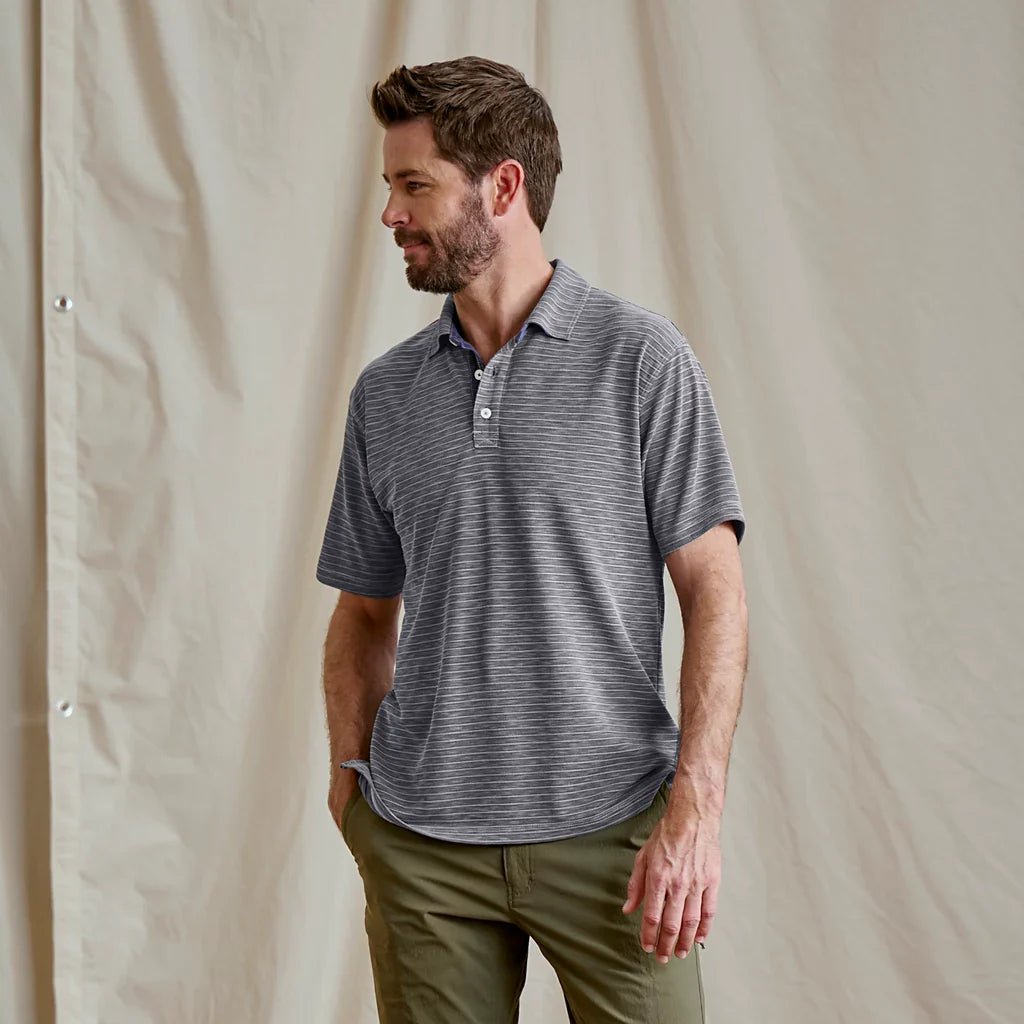 Orvis Men's Three Forks Polo Shirt - TITANIUM/TRUE NAVY STRIPE