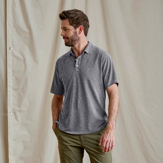 Orvis Men's Three Forks Polo Shirt - TITANIUM/TRUE NAVY STRIPE