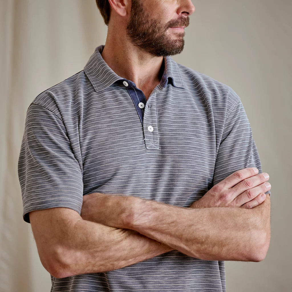 Orvis Men's Three Forks Polo Shirt - TITANIUM/TRUE NAVY STRIPE