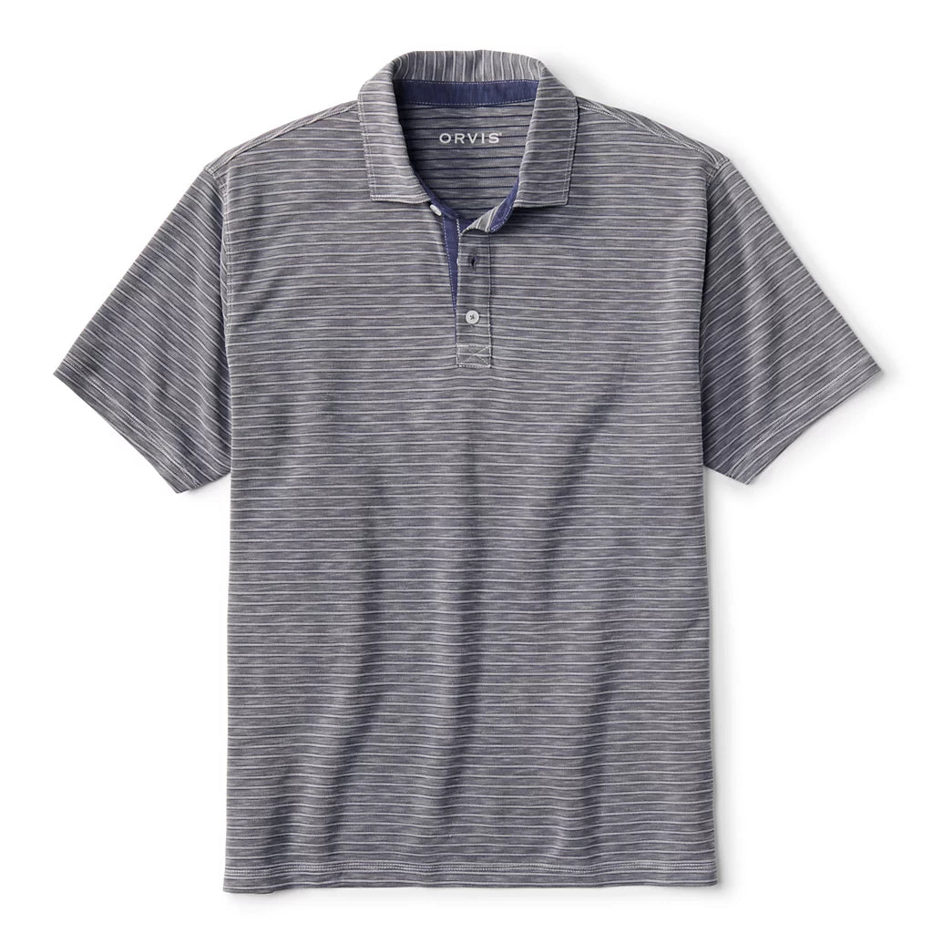 Orvis Men's Three Forks Polo Shirt - TITANIUM/TRUE NAVY STRIPE