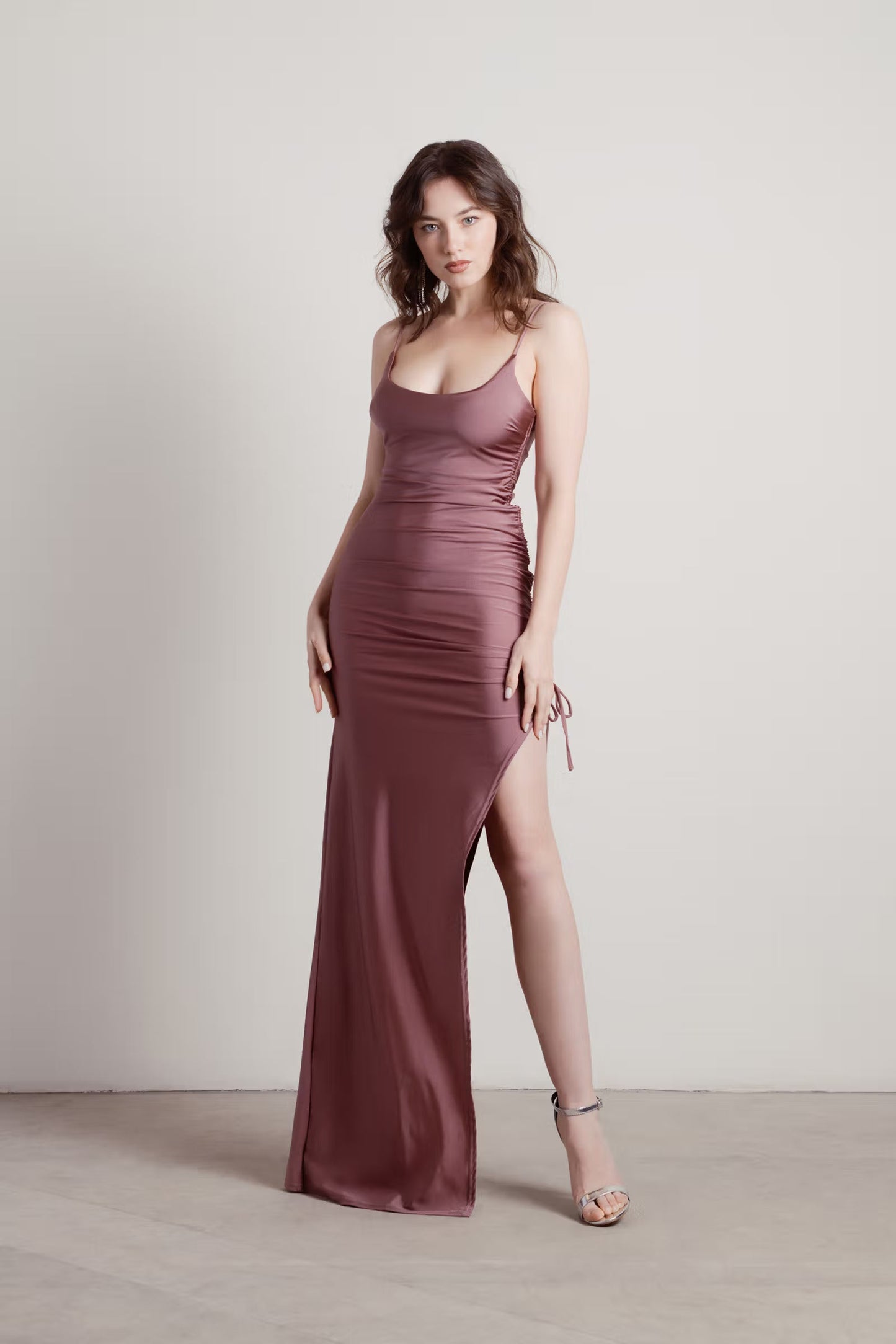 Tobi What A Night Ruched High Slit Maxi Dress