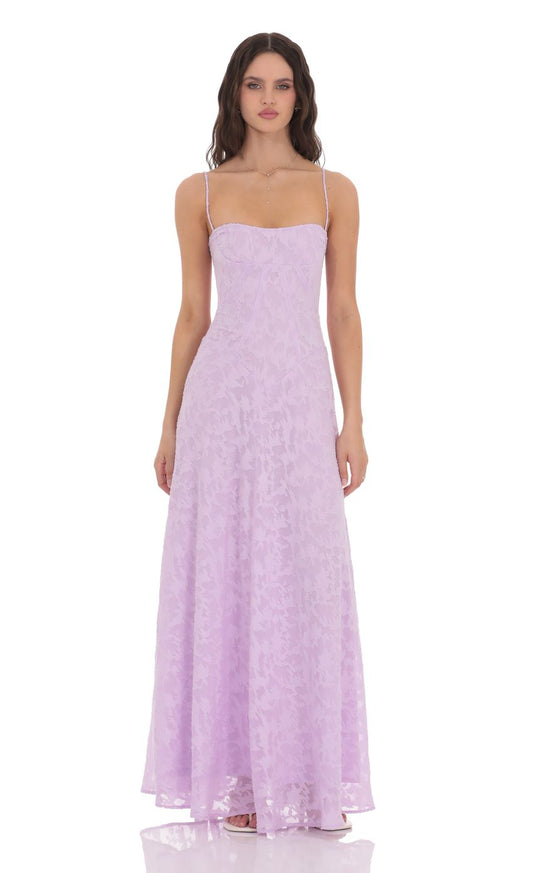 Lucy In The Sky Burnout Lace-Up Maxi Dress in Lavender