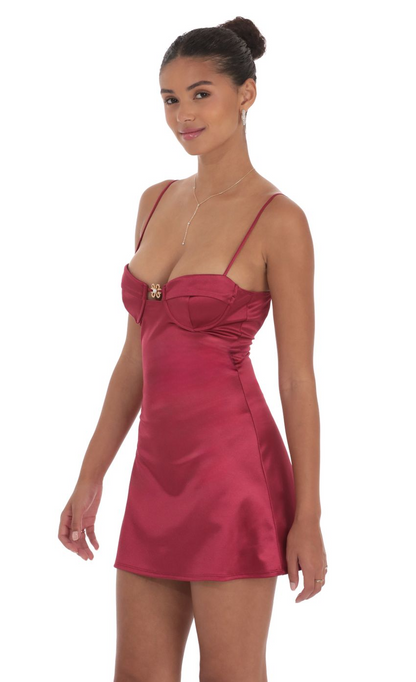 Lucy in the Sky Satin Front Hook Dress in Maroon