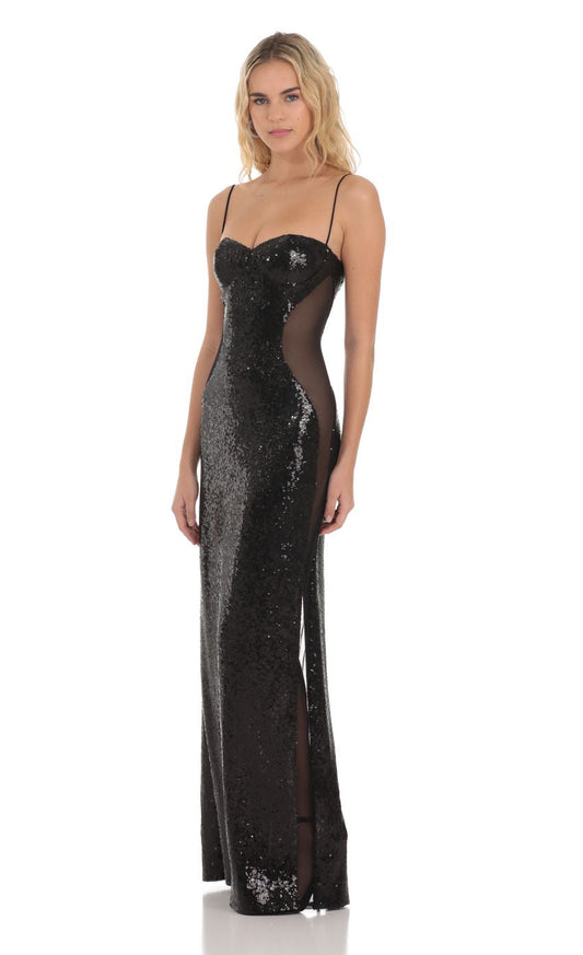 Lucy in the Sky Sequin Mesh Side Cutout Maxi Dress in Black