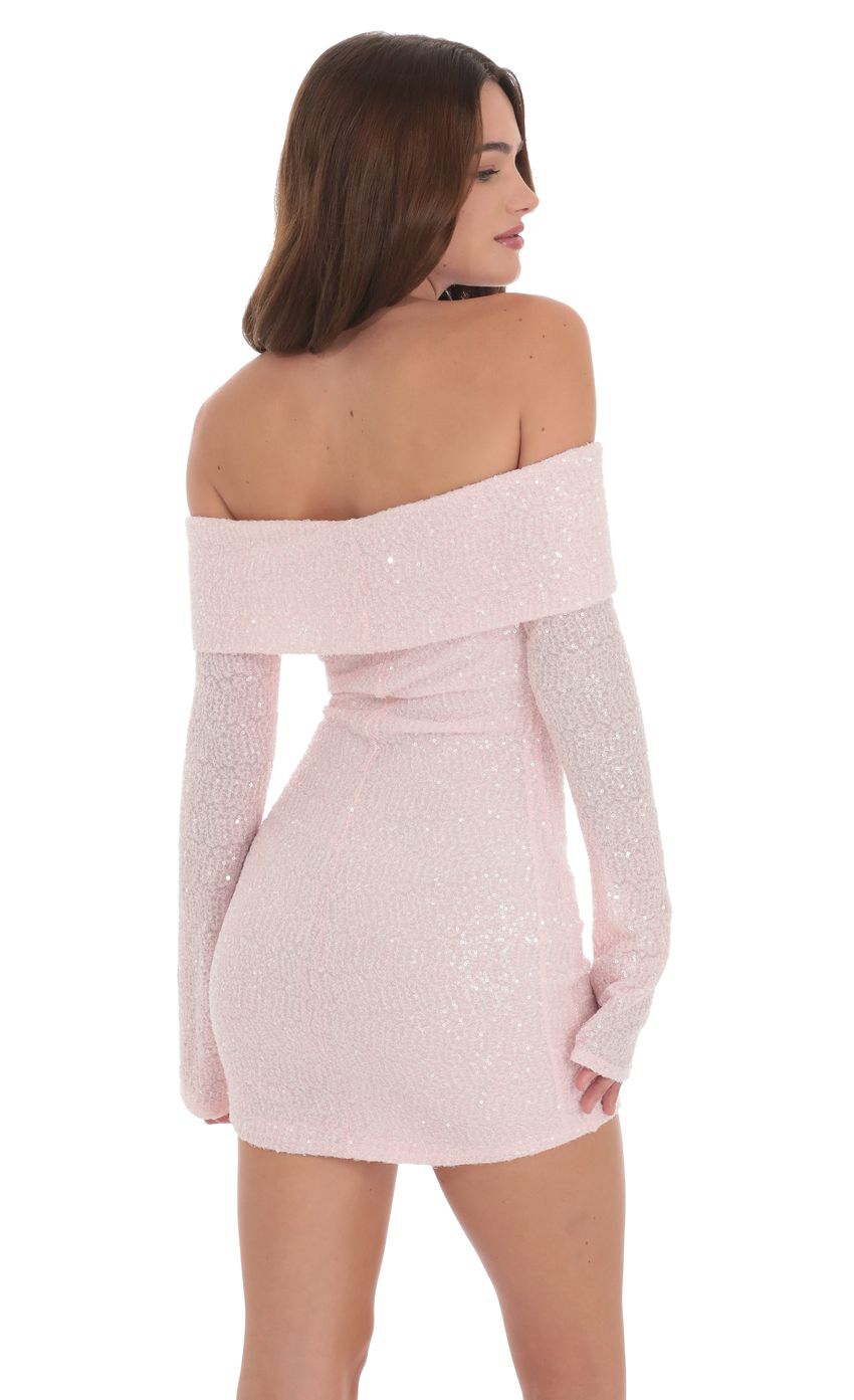 Lucy In The Sky Sequin Off Shoulder Dress in Pink