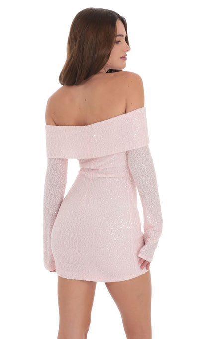 Lucy In The Sky Sequin Off Shoulder Dress in Pink