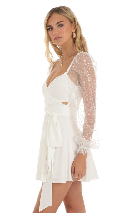 Lucy in the Sky Sequin Puff Wrap Dress in White