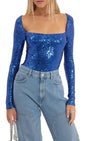 Lucy in the Sky Sequin Long Sleeve Bodysuit in Blue