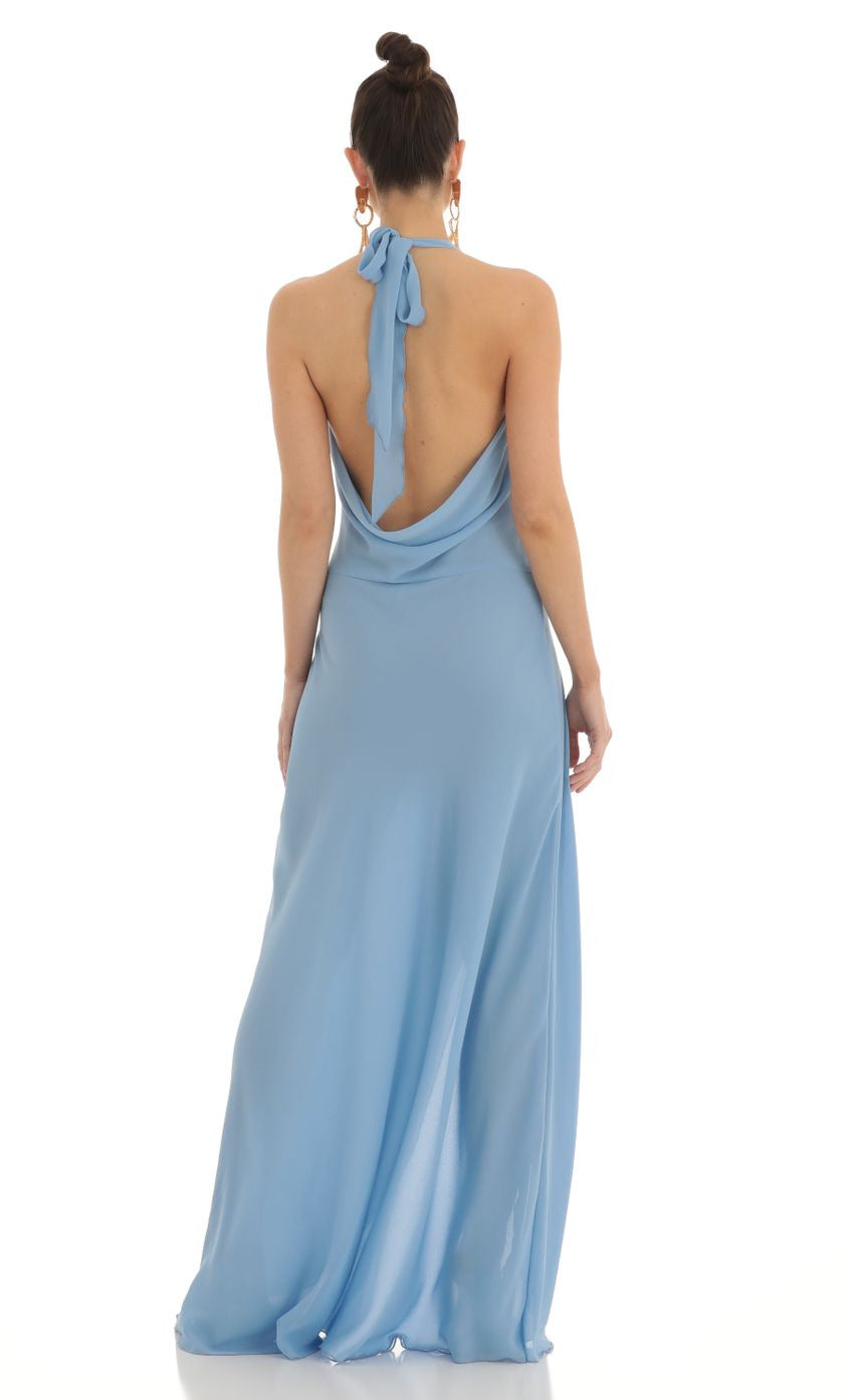 Lucy in the Sky Draped Open Back Maxi Dress in Blue