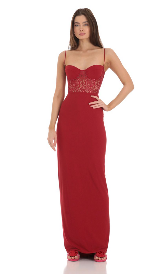 Lucy in the Sky Sequin Lace Cutout Maxi Dress in Red