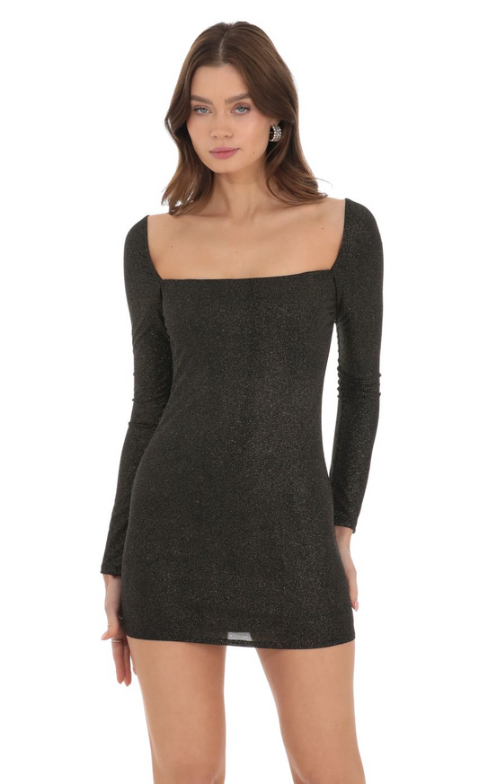 Lucy in the Sky Shimmer Long Sleeve Dress in Black