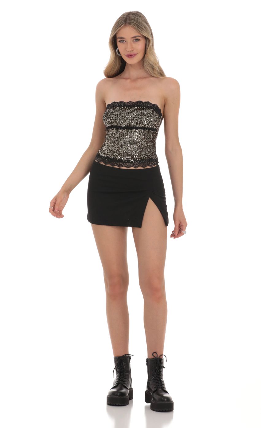 Lucy in the Sky Strapless Gold Sequin Top in Black