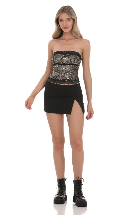 Lucy in the Sky Strapless Gold Sequin Top in Black