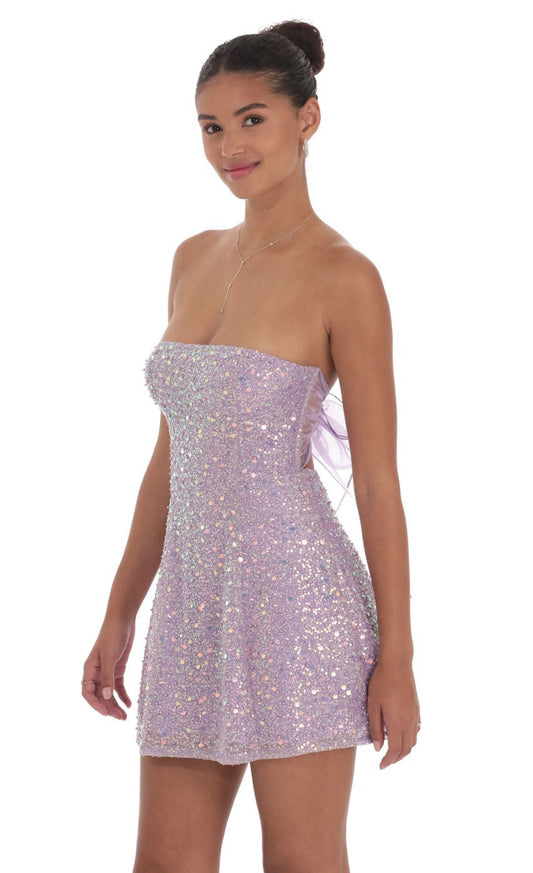 Lucy in the Sky Sequin Glitter Strapless Fit and Flare Dress in Lilac