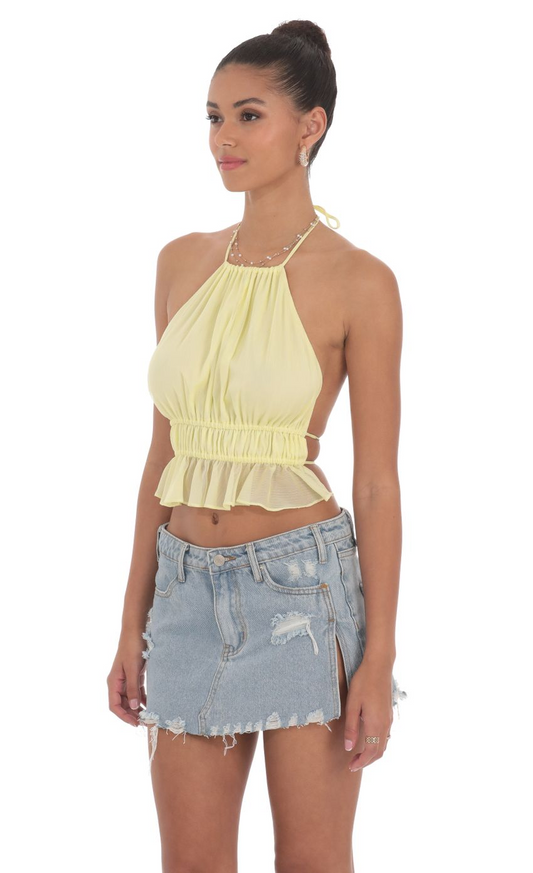 Lucy in the Sky Shimmer Halter Open Back Top in Yellow