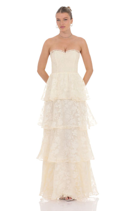 Lucy In The Sky Floral Smocked Ruffle Maxi Dress in Cream