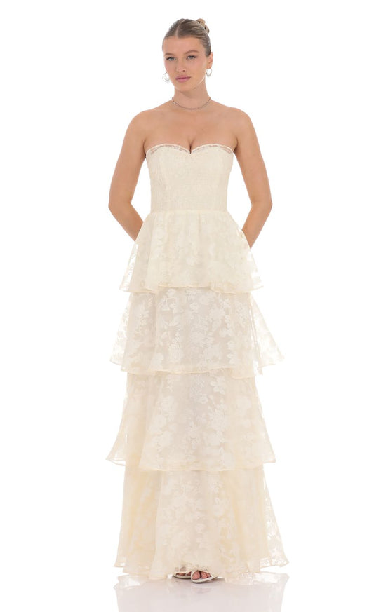 Lucy In The Sky Floral Smocked Ruffle Maxi Dress in Cream