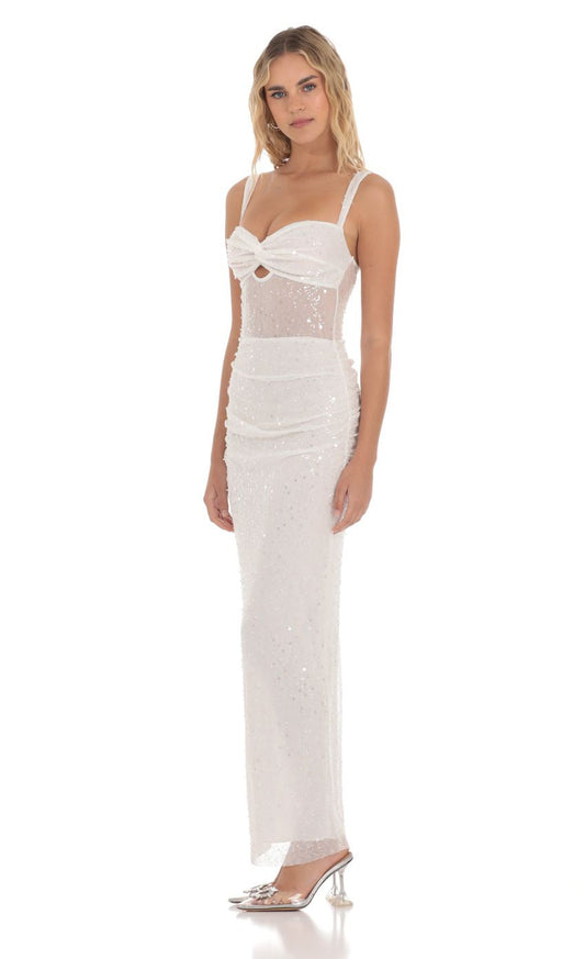 Lucy in the Sky Sequin Pearl Twist Ruched Maxi Dress in White