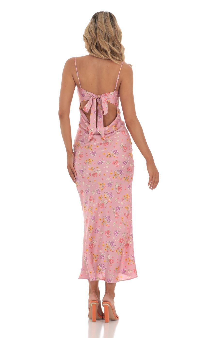 Lucy in the Sky Satin Floral Open Back Maxi Dress in Pink