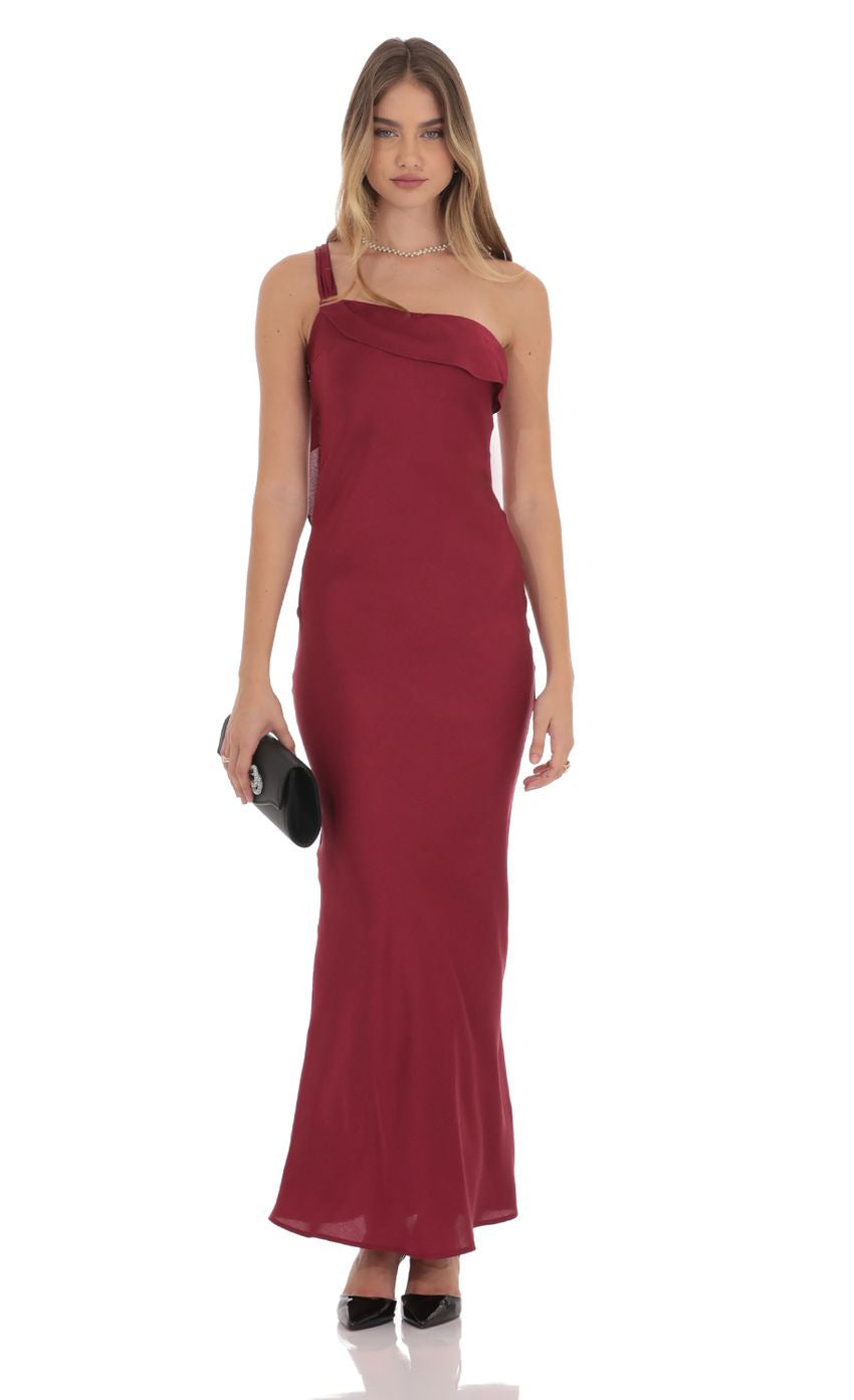 Lucy in the Sky Satin One Shoulder Tassel Maxi Dress