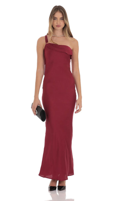 Lucy in the Sky Satin One Shoulder Tassel Maxi Dress