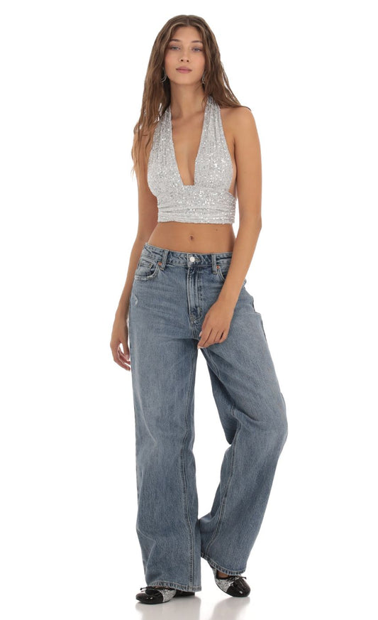 Lucy in the Sky Sequin Halter Top in Silver
