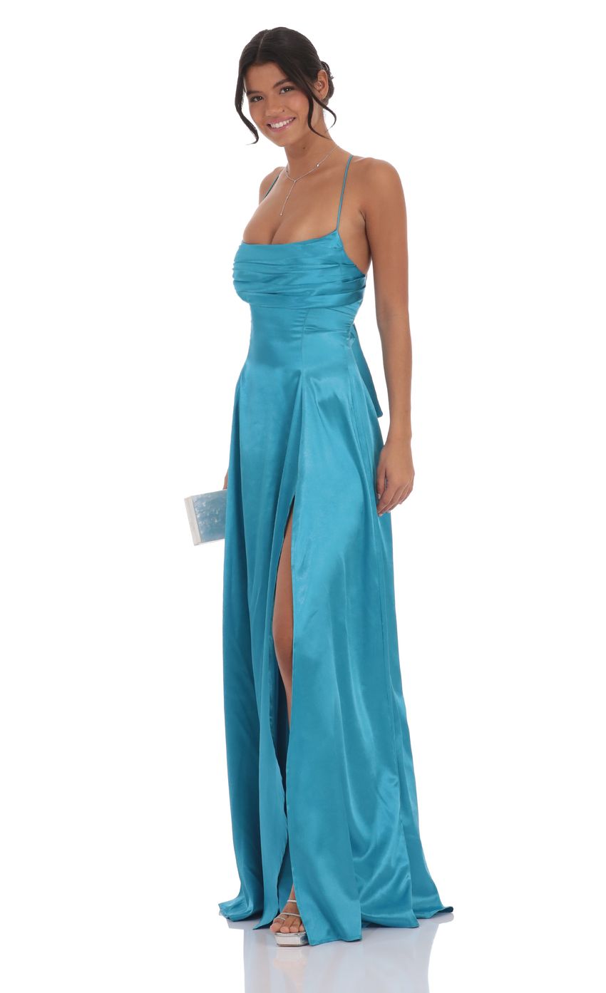 Lucy in the Sky Satin Draped Maxi Dress in Aqua Blue