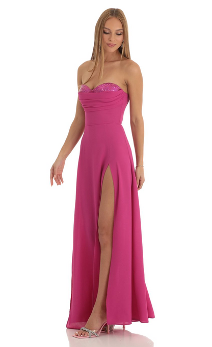 Lucy in the Sky Sequin Bust Crepe Maxi Dress in Hot Pink