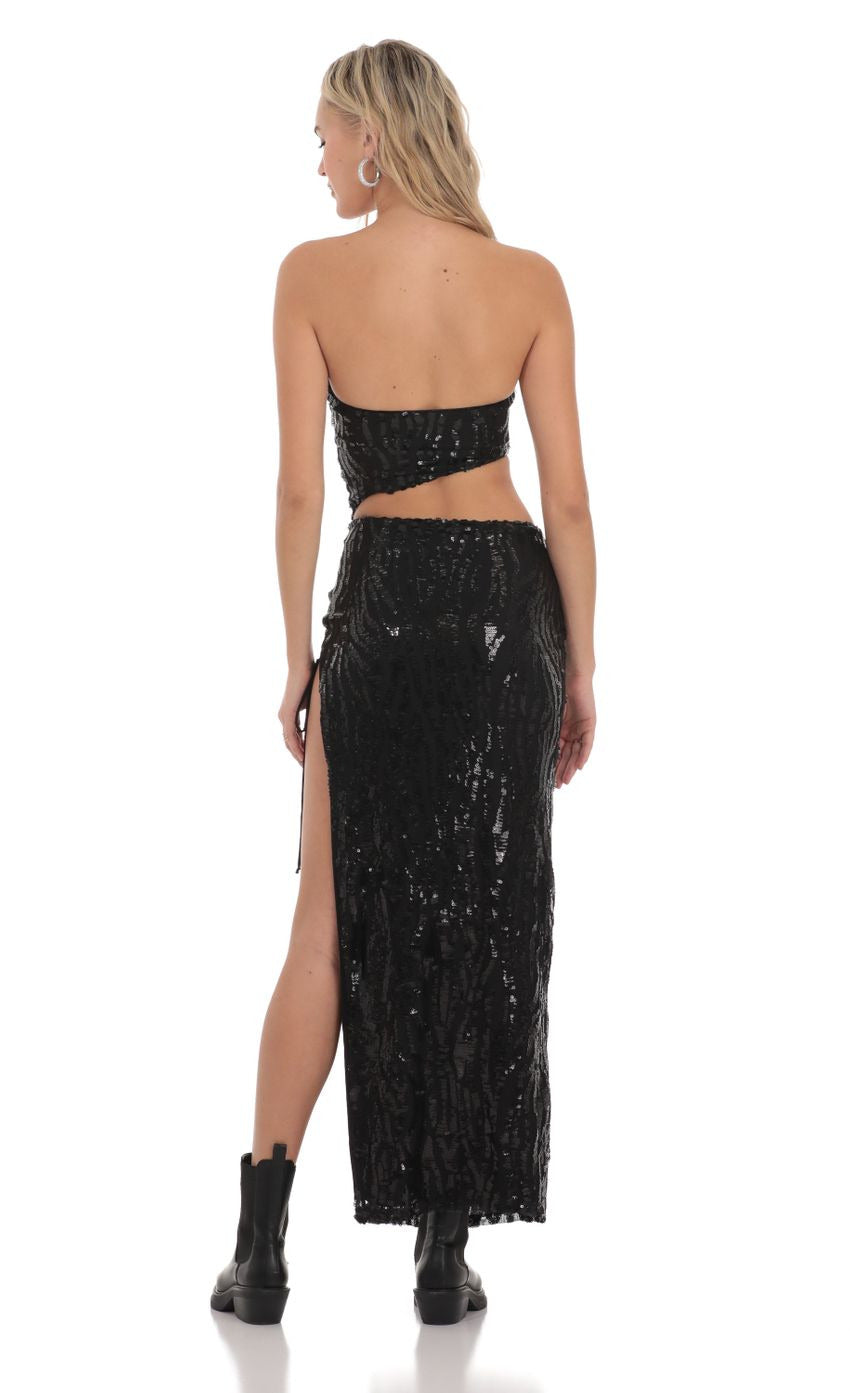 Lucy in the Sky Strapless Sequin Cutout Maxi Dress in Black