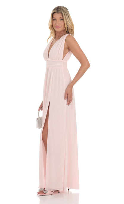 Lucy in the Sky Chiffon Plunge Maxi Dress in Pink