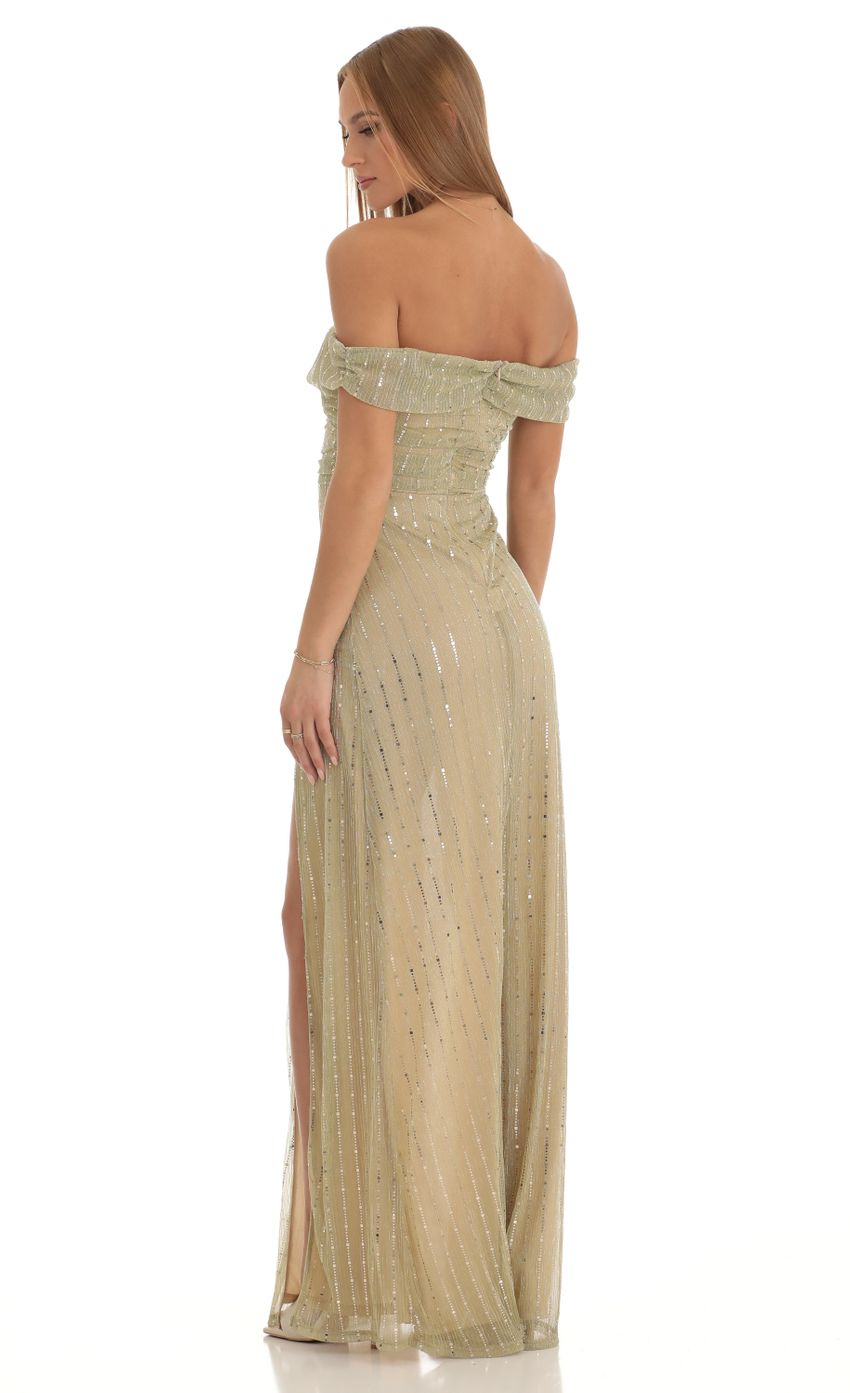 Lucy in the Sky Sequin Striped Off The Shoulder Maxi Dress in Gold
