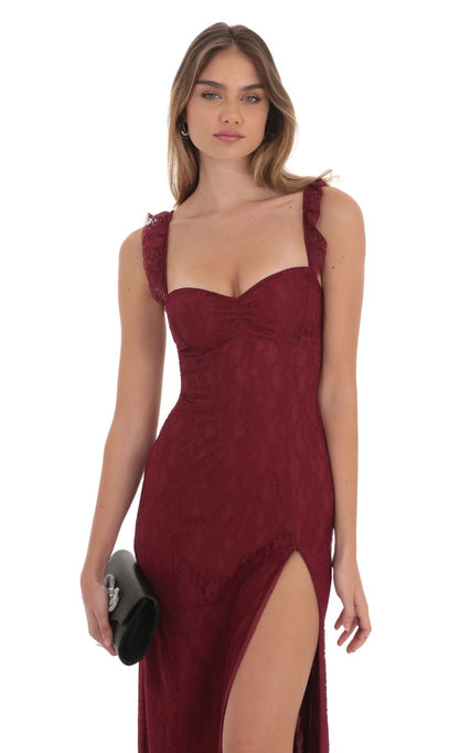 Lucy In The Sky Lace Ruffle Sleeve Maxi Dress in Wine