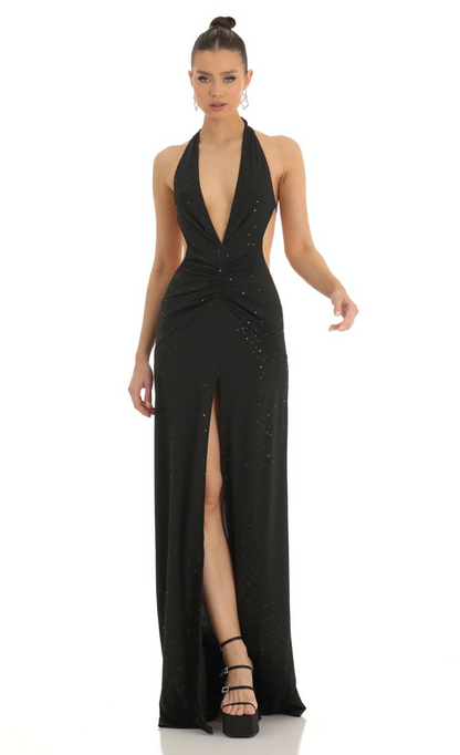 Lucy in the Sky Shimmer Front Slit Open Back Maxi Dress