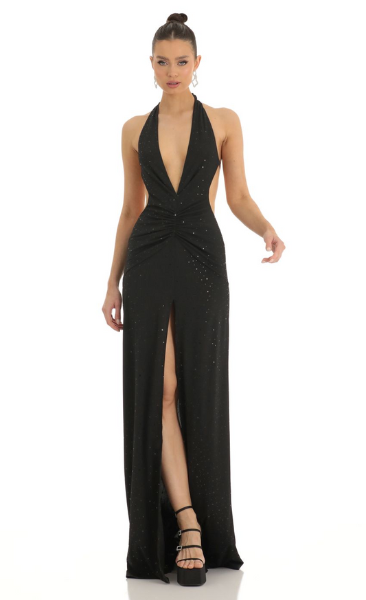 Lucy in the Sky Shimmer Front Slit Open Back Maxi Dress