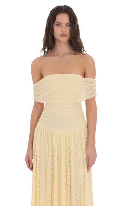 Lucy In The Sky Lace Off Shoulder Maxi Dress in Yellow