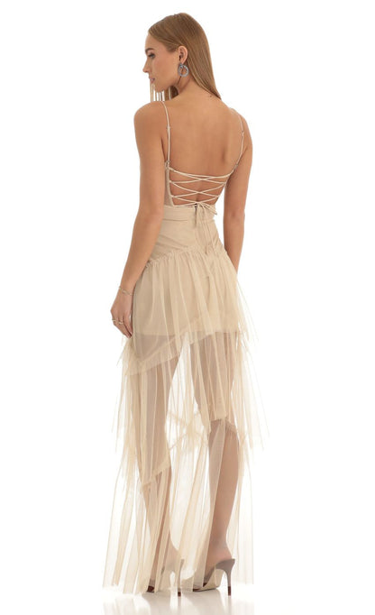 Lucy in the Sky Mesh Corset Maxi Dress in Nude