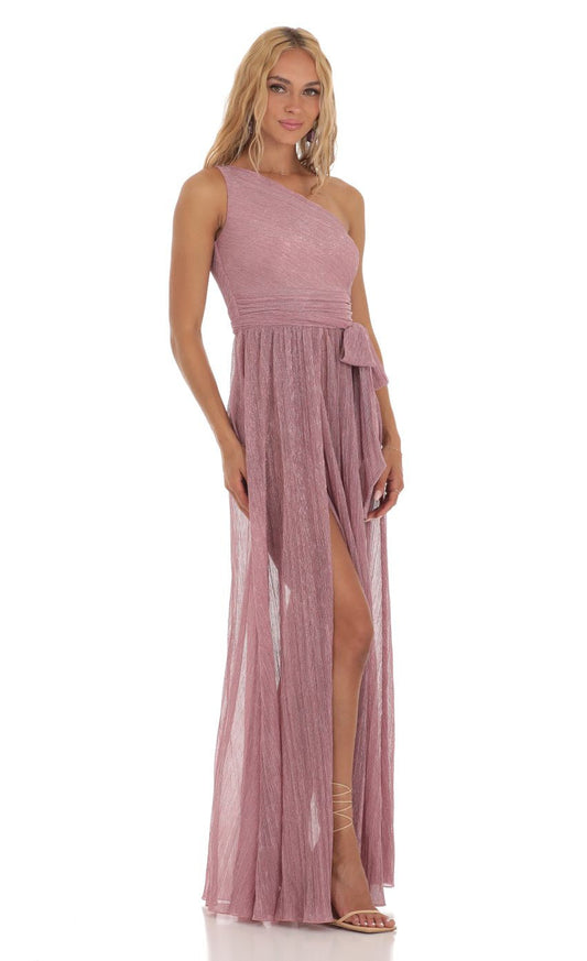 Lucy in the Sky Shimmer One Shoulder Dress in Pink