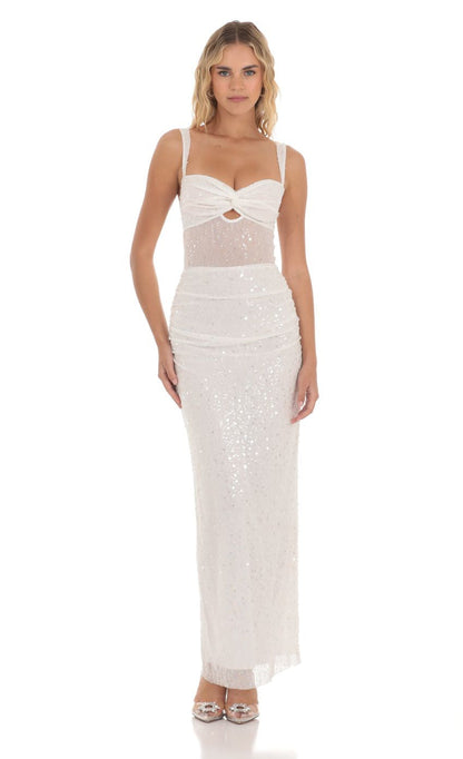 Lucy in the Sky Sequin Pearl Twist Ruched Maxi Dress in White