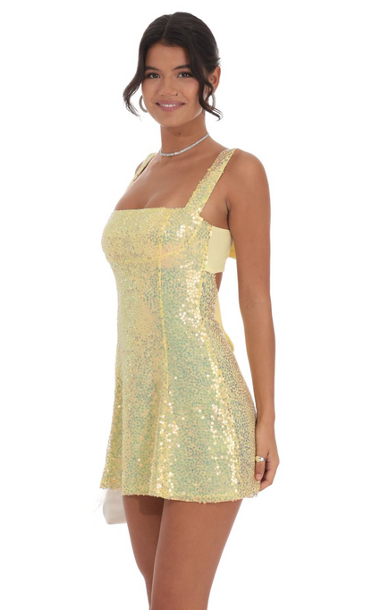 Lucy in the Sky Sequin Glitter Back Bow Bodycon Dress in Yellow