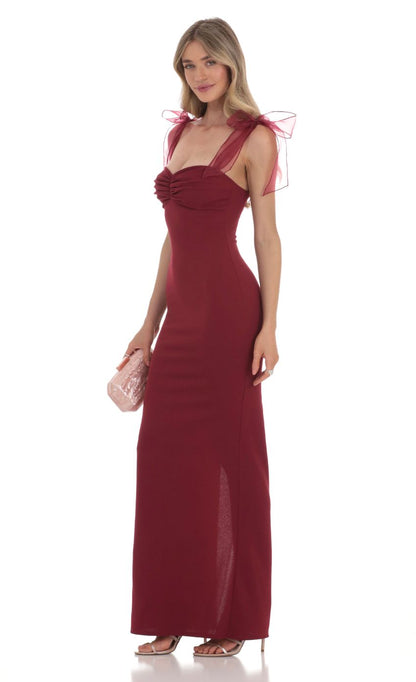 Lucy In The Sky Shoulder Ties Maxi Dress in Maroon