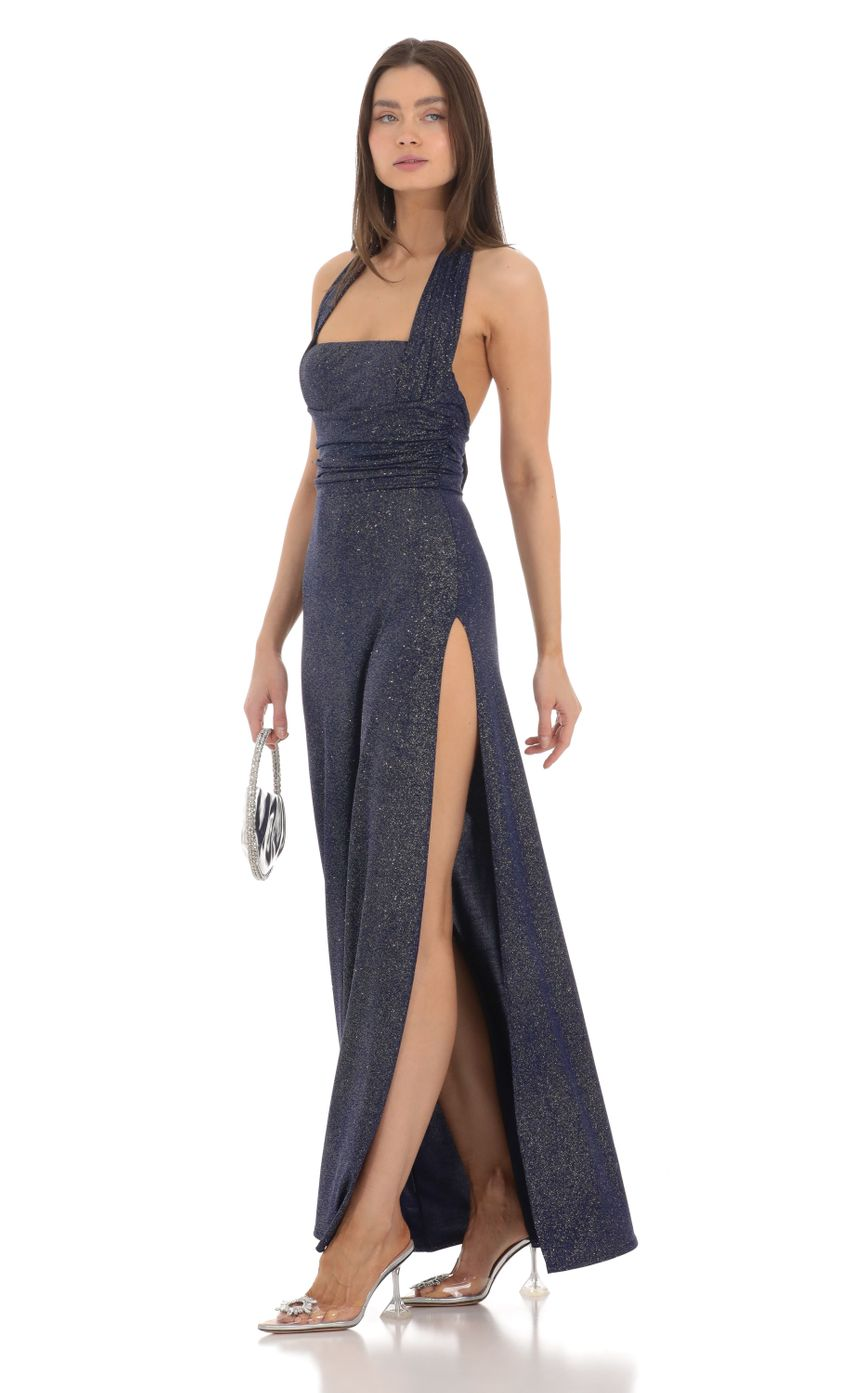 Lucy in the Sky Shimmer Halter Maxi Dress in Navy