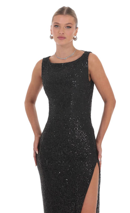 Lucy In The Sky Sequin High Neck Open Back Maxi Dress in Black