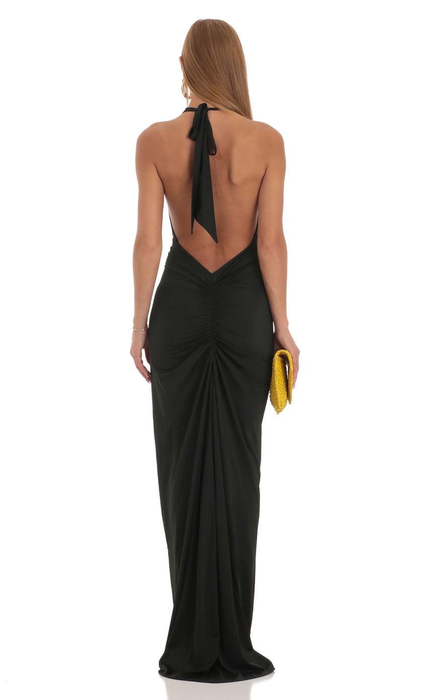Lucy in the Sky Gathered Back Halter BodyCon Maxi Dress in Black