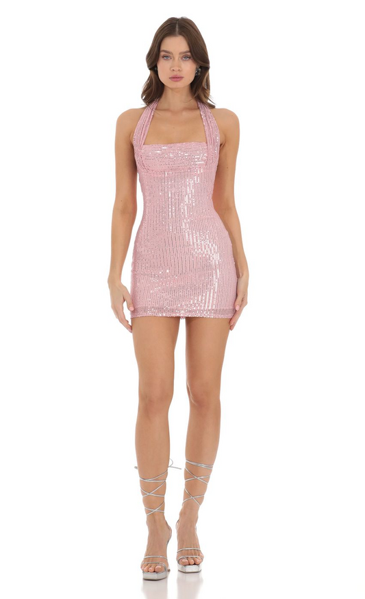 Lucy in the Sky Sequin Halter Dress in Pink
