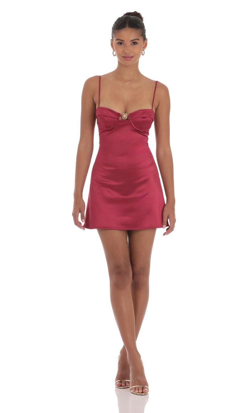 Lucy in the Sky Satin Front Hook Dress in Maroon