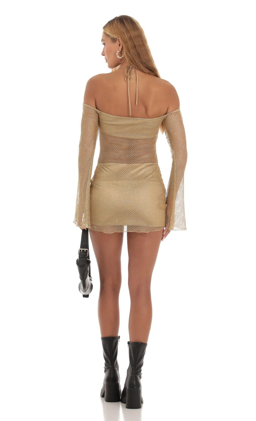 Lucy in the Sky Shimmer Fishnet Off Shoulder Dress in Gold